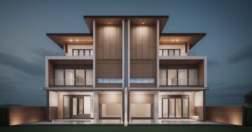 Design facade for modern detached villa, duplex villa,featuring contemporary style with wooden ceiling, glass balcony railing, and car garage, road, sidework, sidework trees, gate, car, 8k uhd, dslr, soft lighting, ultra quality, film grain, Fujifilm XT3, sharp image, best quality, authentic, hight quality,