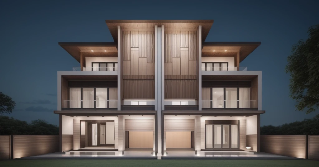Design facade for modern detached villa, duplex villa,featuring contemporary style with wooden ceiling, glass balcony railing, and car garage, road, sidework, sidework trees, gate, car, 8k uhd, dslr, soft lighting, ultra quality, film grain, Fujifilm XT3, sharp image, best quality, authentic, hight quality,