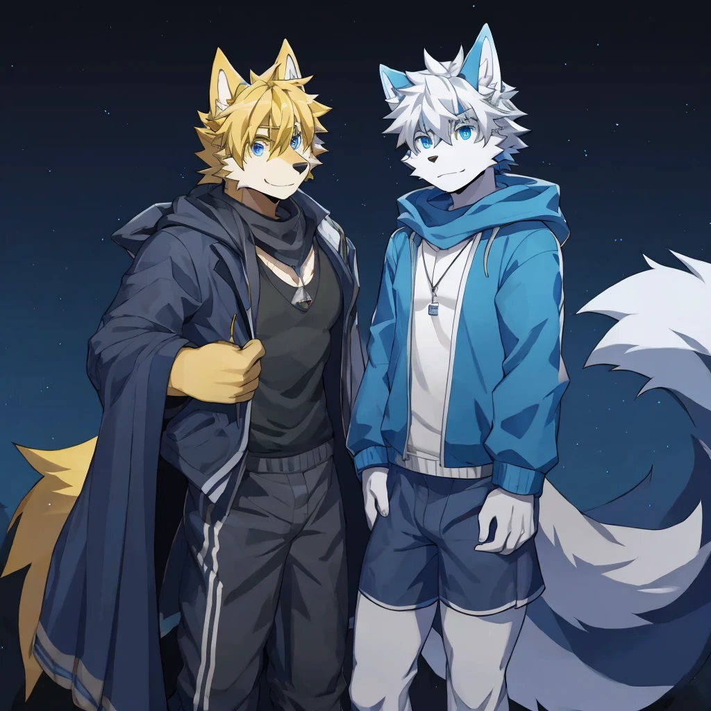 The first one:hairy,16 years old,Young Style,Handsome,Bright Eyes Wolf,Dark blue hair,White hair on the face,blue eyes ,Yellow ear hair,Yellow hair around the eyes,Tail blue and white,Gray blue coat,Casual shorts,With hood,Height 1.6 m,calm。second:hairy,15 years old,Bright Eyes,charming,Male cat,White eyes,blond hair,White hair on face,and white tail,Grey short-sleeved shorts,Casual style,Height 1.6 m,Wearing a cape,optimistic。third:hairy 拟人化,Deep eyes,16 years old,Handsome,Male wolf,Gray black hair,Big Gray Tail,Wrapped in a black scarf,Wearing a gray coat,Hands in pockets,Pants,Height 1.Seven Mysterious,calm。The fourth:hairy 拟人化,Bright Eyes,15 years old,charming,Male cat,White hair all over,White eyes,Height 1.6 m,There are several black tree-like lines on the face,Blue windbreaker and shorts,The tail is slightly pale white,calm。Peto:Male yellowish white fur, 17 years old,blue eyes, White hair (long), Wearing blue shorts and boxer shorts, Casual Clothing, Young Style, Height 1.7 meters, Handsome, Has a tail,Bright Eyes。