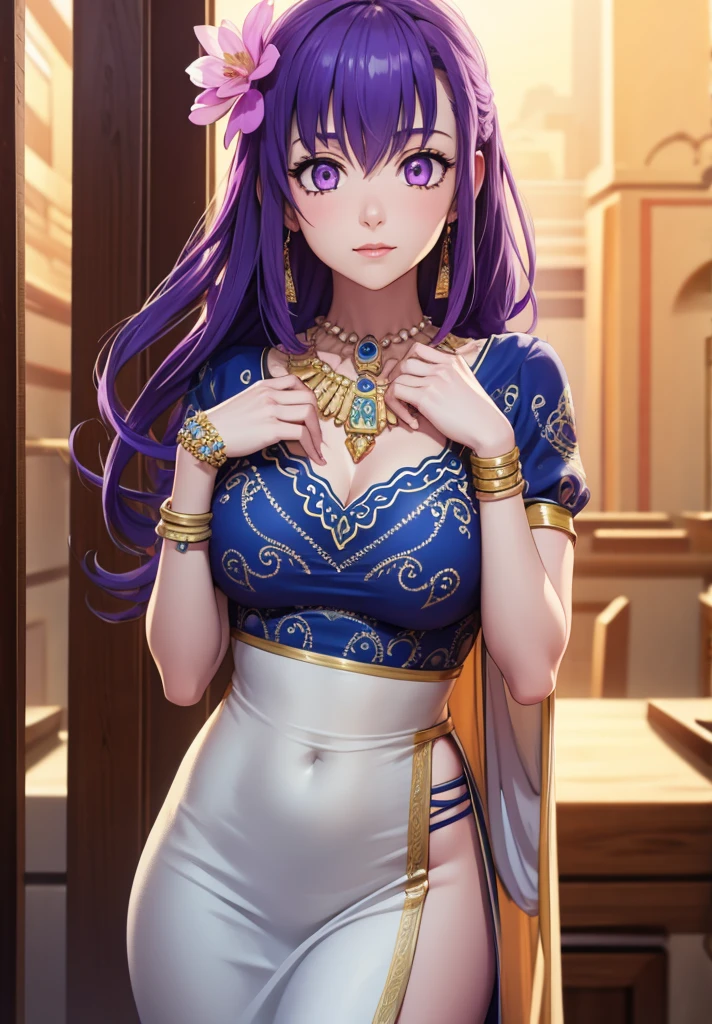 parvati, parvati, long hair, (purple eyes:1.1), purple hair,
BREAK bracelet, flower, hair flower, hair ornament, indian clothes, jewelry, necklace, side slit,
BREAK looking at viewer,
BREAK outdoors,
BREAK (masterpiece:1.2), best quality, high resolution, unity 8k wallpaper, (illustration:0.8), (beautiful detailed eyes:1.6), extremely detailed face, perfect lighting, extremely detailed CG, (perfect hands, perfect anatomy),