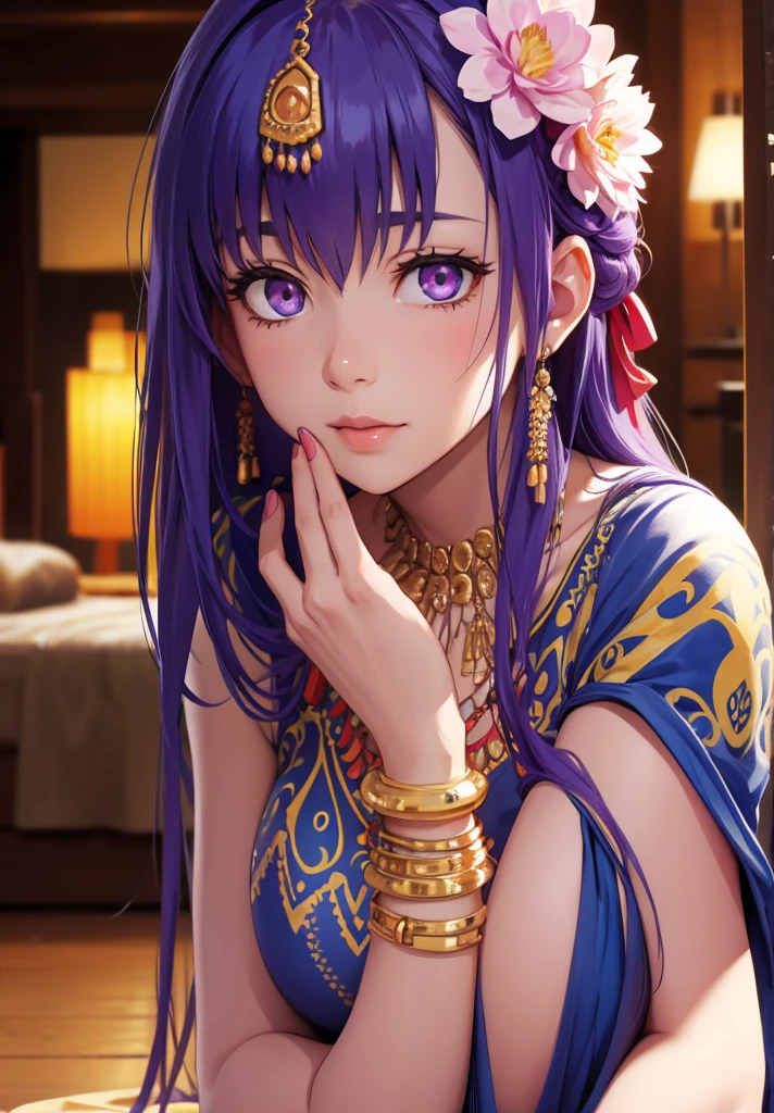 parvati, parvati, long hair, (purple eyes:1.1), purple hair,
BREAK bracelet, flower, hair flower, hair ornament, indian clothes, jewelry, necklace, side slit,
BREAK looking at viewer,
BREAK outdoors,
BREAK (masterpiece:1.2), best quality, high resolution, unity 8k wallpaper, (illustration:0.8), (beautiful detailed eyes:1.6), extremely detailed face, perfect lighting, extremely detailed CG, (perfect hands, perfect anatomy),