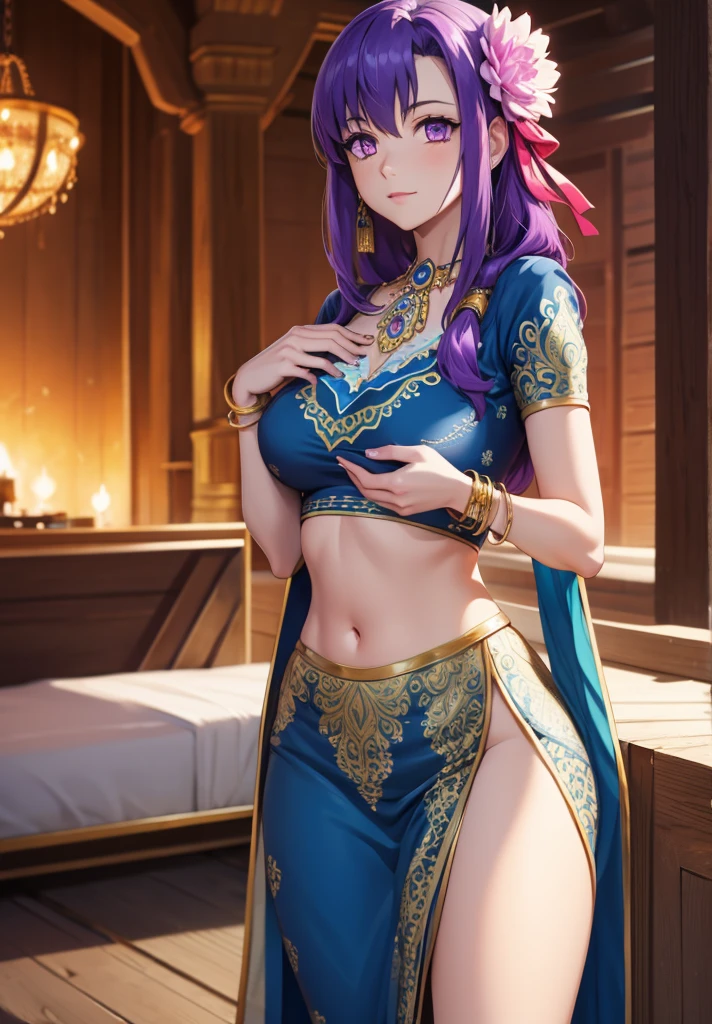 parvati, parvati, long hair, (purple eyes:1.1), purple hair,
BREAK bracelet, flower, hair flower, hair ornament, indian clothes, jewelry, necklace, side slit,
BREAK looking at viewer,
BREAK outdoors,
BREAK (masterpiece:1.2), best quality, high resolution, unity 8k wallpaper, (illustration:0.8), (beautiful detailed eyes:1.6), extremely detailed face, perfect lighting, extremely detailed CG, (perfect hands, perfect anatomy),