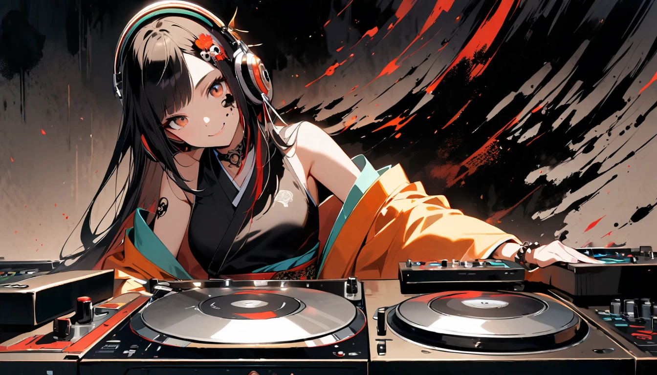 (((Ink Painting))), (((1 girl))), (((Skull tattoo on face))), (((Gorgeous hair accessories))), Japanese style headphones, (((dj))), Japanese Beauty, Black Hair, smile