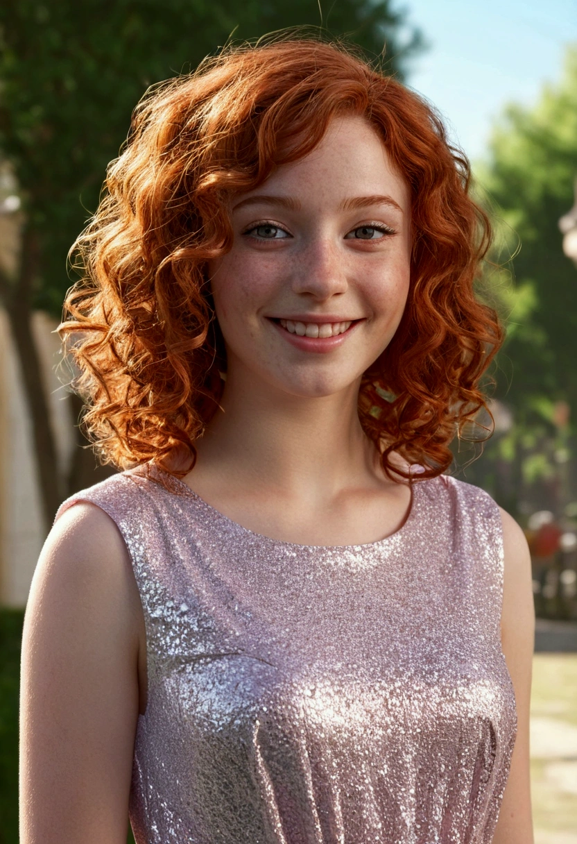 (masterpiece), {best quality},High detail,(ray tracing), (realistic:1.0), photorealistic,((1girl)), ,beautiful, daytime, short dress, (droopy eyes), Alessa savage, redhead curly hair, grin, small nose, upper body