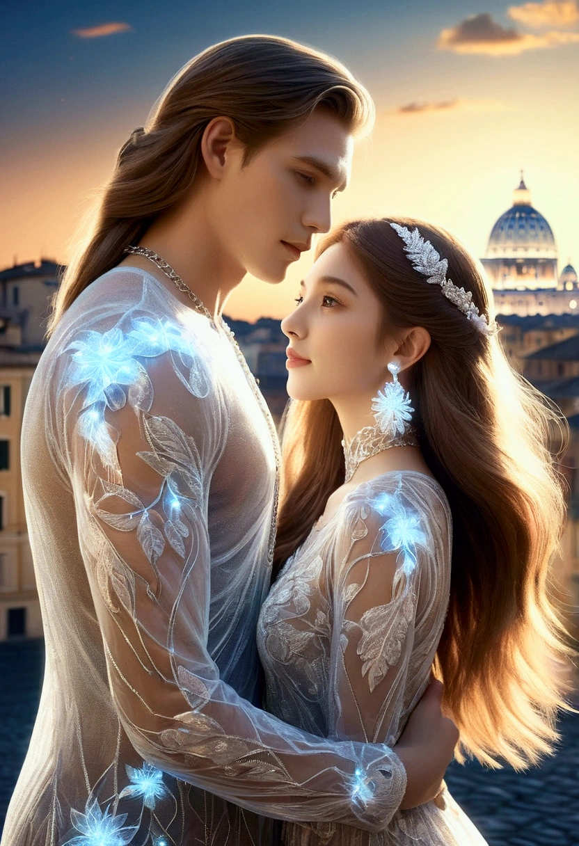 Romantic, (Beautiful teenage caucasian couple in Rome_1 long haired man and 1 woman wearing luminous diamond necklace and earrings), (Translucent luminous body_Upper body shot), Surreal, (Romantic_Detailed and accurate hand drawing, delicate features), Dynamic colors, Architectural street, Landscape, Clear sky, (Best quality, 8K, Surreal:1.2), (Highly detailed, Realistic:1.37), Bright background, Intricately detailed, Amazing, Floating, Fluorescent, Glowing, Bioluminescent body, Glowing patterns.