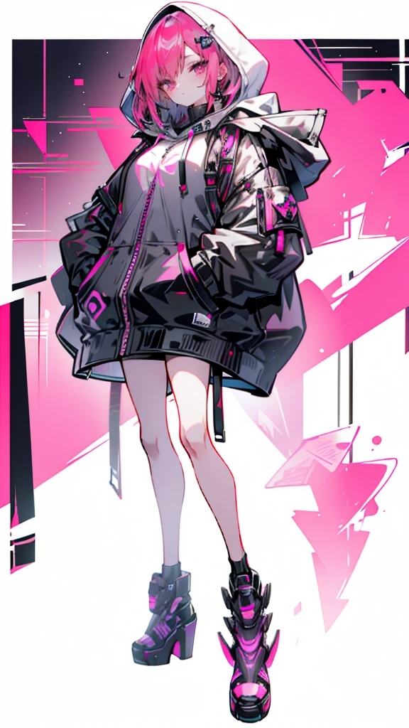 1 girl with red hair, pink eyes, cyberpunk style, hand in pocket, hoodie, pink starry background, black high heels