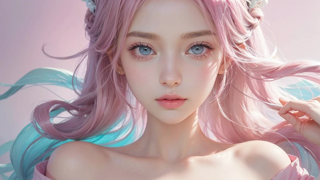 ((masterpiece)). This work is dreamy and fantastical., Soft pink watercolor shades. Generates delicate magical women exploring the bubble gum world in a variety of pastel colors. Her sweet face is extremely detailed and realistic with elegant, Mature features, Puffy, Big lips and stunning, Extremely realistic eyes. Her eyes are important、Be realistic, Very detailed, And it's beautiful. High resolution and detail, Include many details like stars, Milky Way, Colorful bubbles, Colorful petals, And a lot of energy and emotion! Stars and colorful bubblegum bubbles are important! Include fantasy details, Enhanced Details, iris, Colorful sparkling wind, And pollen. Pay special attention to her face、Make sure it's beautiful and realistic in detail。. The image is dreamy、It has to be fantastical..8k, Complex, elegant, Very detailed, Majestic, Digital photography