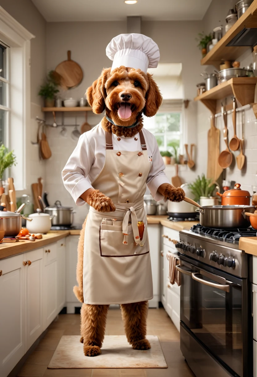 A brown Cavapoodle dressed in a chef's hat and apron, standing on its hind legs in a kitchen, stirring a pot on the stove. The background is a cozy, modern kitchen with various cooking utensils and ingredients scattered around