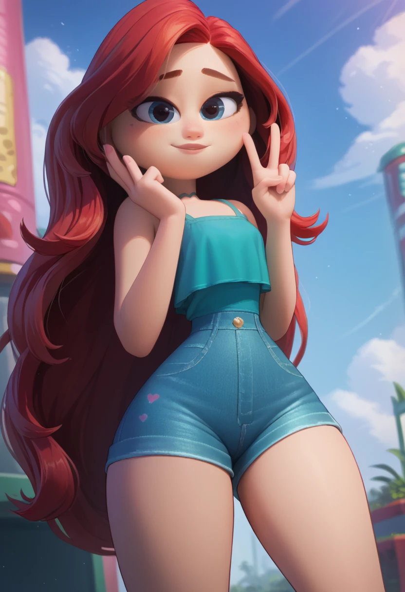 Chelsea, 1 girl, standing alone, jewerly, long hair, Red hair, aretes, ssmile, heart sign with fingers, looking ahead at viewer, eyes black, green regatta, tight denim shorts, ((whole body)), coxas nuas, curves, nice legs, 正面, pose, best qualityer, no flaws