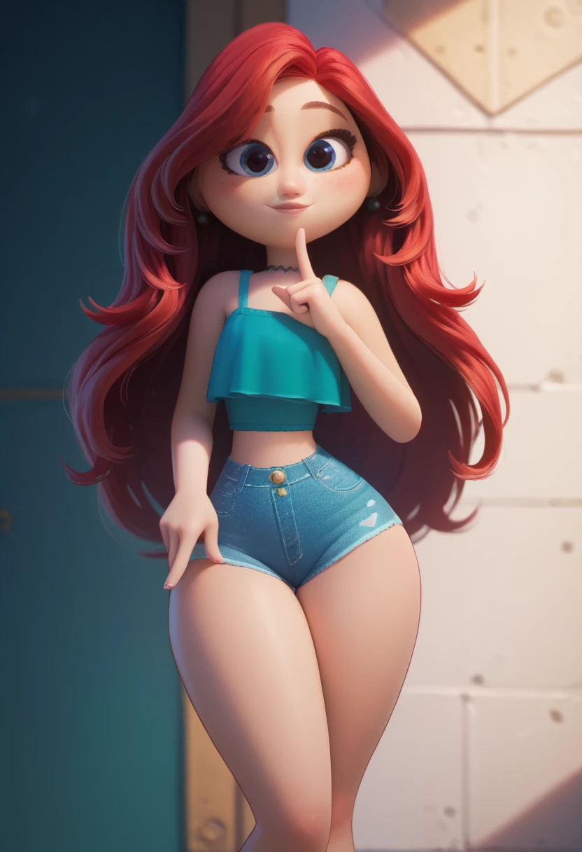 (masterpiece), best quality, expressive eyes, perfect face, front lighting, (inside dance party with light beams and crowd background), (dancing), (seductive look), (cleavage view), (1girl, Nami, 18 years old, orange hair, long hair, wavy hairstyle, brown eyes, hourglass figure, left shoulder tattoo, skinny body, thin body, petite_body, small breasts, wide hips, thick thighs), (light-blue v-neck strap dress, sleeveless, expossed cleavage, jewelry, necklace, bracelets, earrings), 