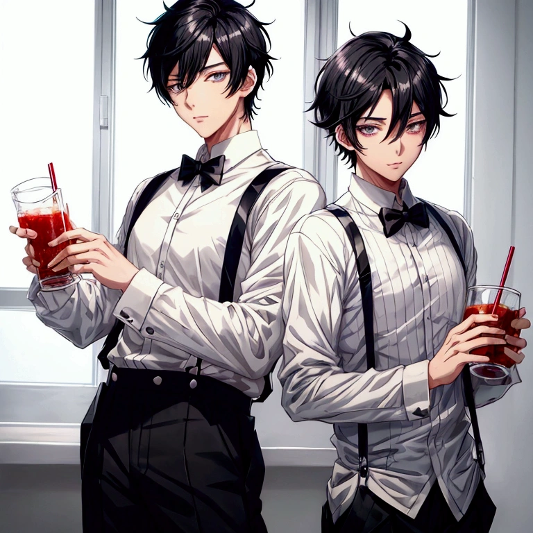 Boy Anime with black hair and black eyes wearing suspenders, anime moe art style, young anime man, eat and drink, handsome anime man, beautiful anime pose, Boy Anime, boy has short black hair, anime portrait of a handsome man, a handsome man,black short hair, male anime character, Ilya Kuvshinov with long hair, male anime style