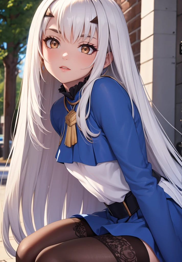 melusine, melusine, (brown eyes:1.5), long hair, white hair, sidelocks, (small breast:1.2),
BREAK blue dress, dress, frills, long sleeves, thighhighs, thighs, white thighhighs,
BREAK looking at viewer,
BREAK outdoors,
BREAK (masterpiece:1.2), best quality, high resolution, unity 8k wallpaper, (illustration:0.8), (beautiful detailed eyes:1.6), extremely detailed face, perfect lighting, extremely detailed CG, (perfect hands, perfect anatomy),