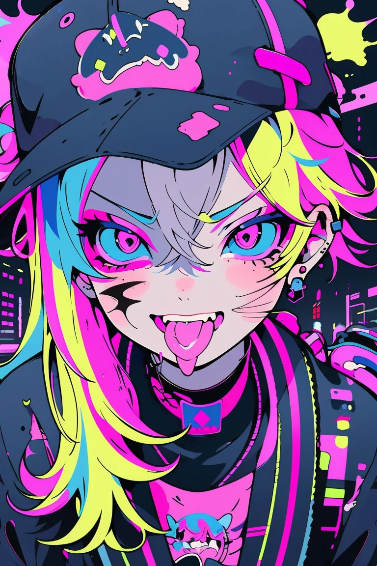 anime girl with a cap and a nask, blond hair, street background in neon pink and blue colors, scars, stickers, smirk face, open mouth, tongue out