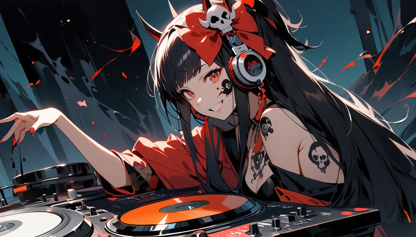 (((Ink Painting))), (((1 girl))), (((Skull tattoo on face))), (((Gorgeous hair accessories))), Japanese style headphones, (((dj))), Japanese Beauty, devil, Black Hair, smile