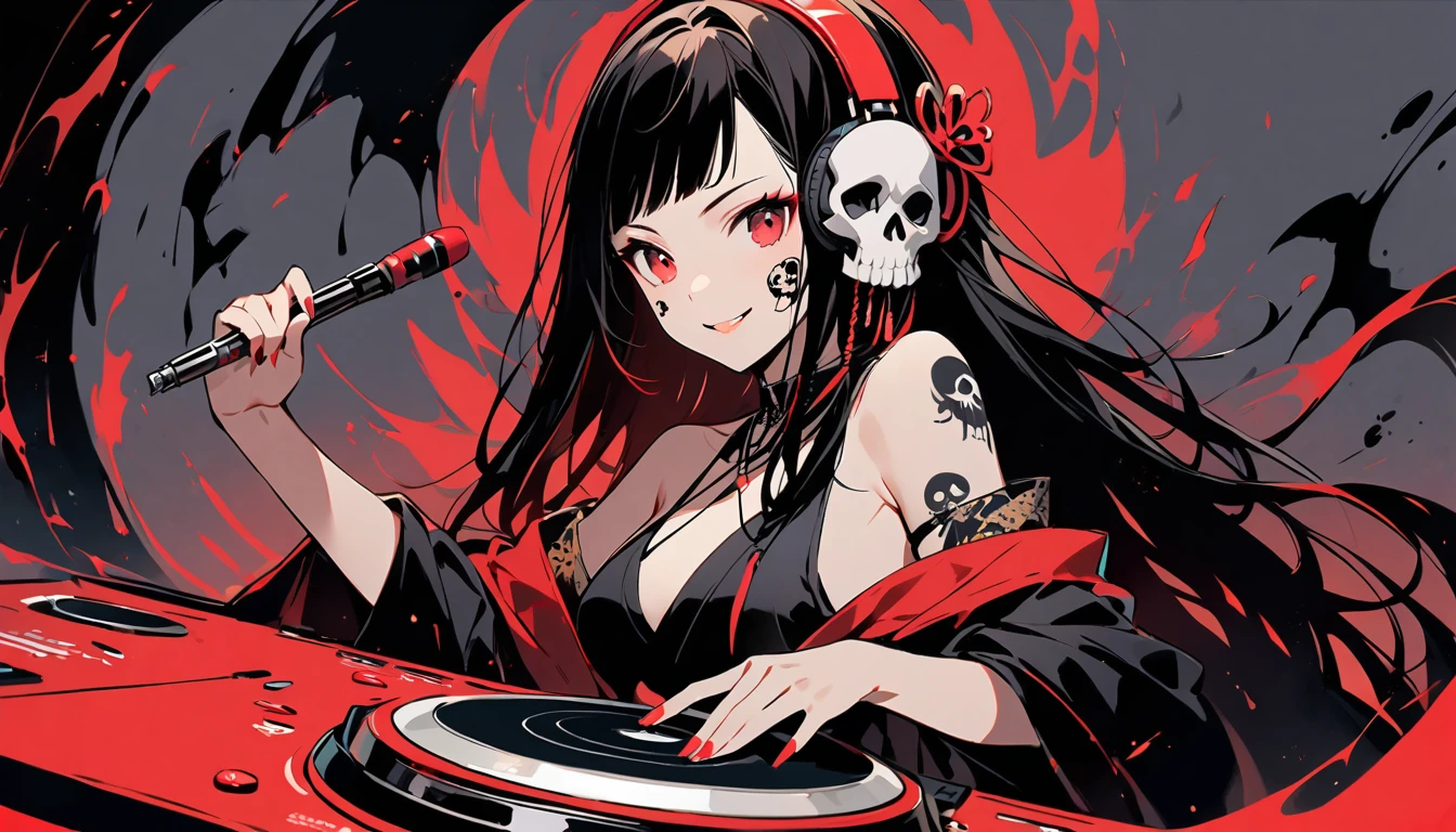 (((Ink Painting))), (((1 girl))), (((Skull tattoo on face))), (((Gorgeous hair accessories))), Japanese style headphones, (((dj))), Japanese Beauty, devil, Black Hair, smile