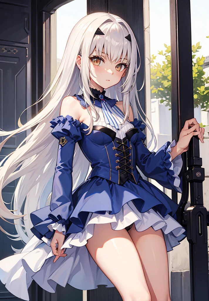 melusine, melusine, (brown eyes:1.5), long hair, white hair, sidelocks, (small breast:1.2),
BREAK blue dress, dress, frills, long sleeves, thighhighs, thighs, white thighhighs,
BREAK looking at viewer,
BREAK outdoors,
BREAK (masterpiece:1.2), best quality, high resolution, unity 8k wallpaper, (illustration:0.8), (beautiful detailed eyes:1.6), extremely detailed face, perfect lighting, extremely detailed CG, (perfect hands, perfect anatomy),