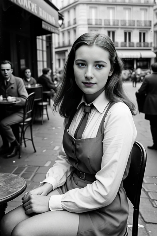 monochrome film, sepia color ,1941 years,  battle of Britten,  A Parisian girl , 18 age, beautiful girl , on street ,in Paris cafe, sitting pose, around Gamay army, noon  