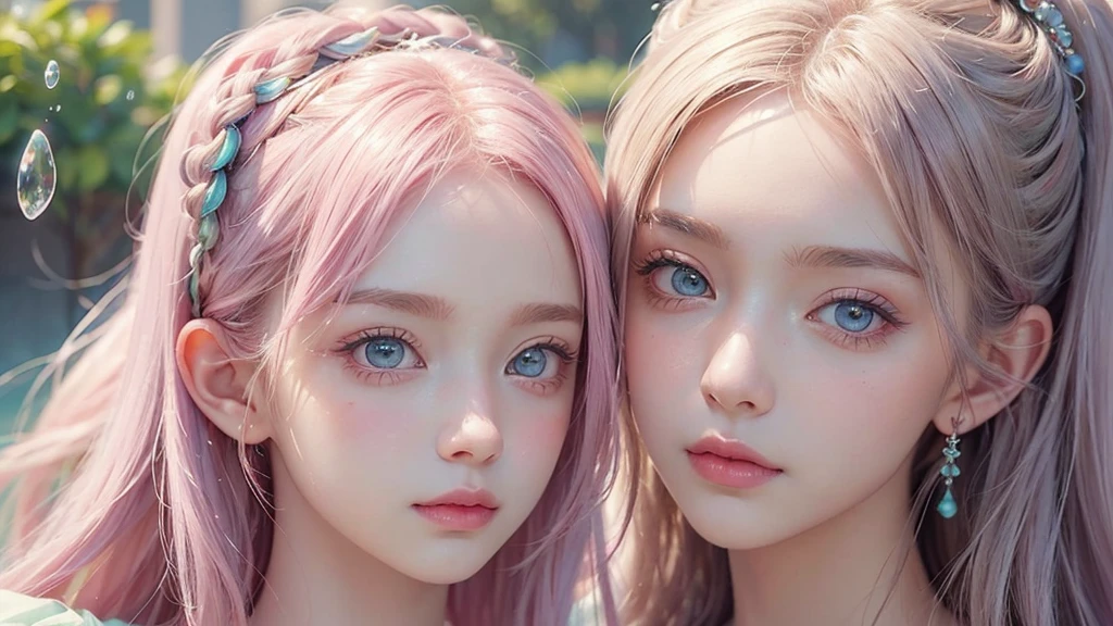 ((masterpiece)). This work is dreamy and fantastical., Soft pink watercolor shades. Generates delicate magical women exploring the bubble gum world in a variety of pastel colors. Her sweet face is extremely detailed and realistic with elegant, Mature features, Puffy, Big lips and stunning, Extremely realistic eyes. Her eyes are important、Be realistic, Very detailed, And it's beautiful. High resolution and detail, Include many details like stars, Milky Way, Colorful bubbles, Colorful petals, And a lot of energy and emotion! Stars and colorful bubblegum bubbles are important! Include fantasy details, Enhanced Details, iris, Colorful sparkling wind, And pollen. Pay special attention to her face、Make sure it's beautiful and realistic in detail。. The image is dreamy、It has to be fantastical..8k, Complex, elegant, Very detailed, Majestic, Digital photography, Brown Hair