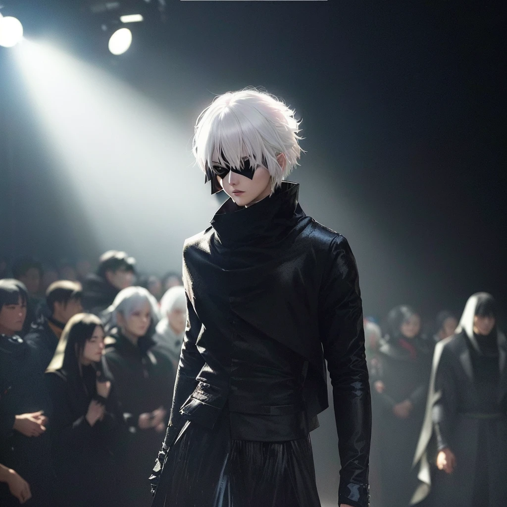 arafed woman with white hair and black outfit walking on runway, style of masami kurumada, ji-min, menacing look, kaneki ken, 2 b, 2b, grim fashion model looking up, ray of light through white hair, inspired by Yukihiko Yasuda, ken kaneki, creepy sigma 75mm, on the runway