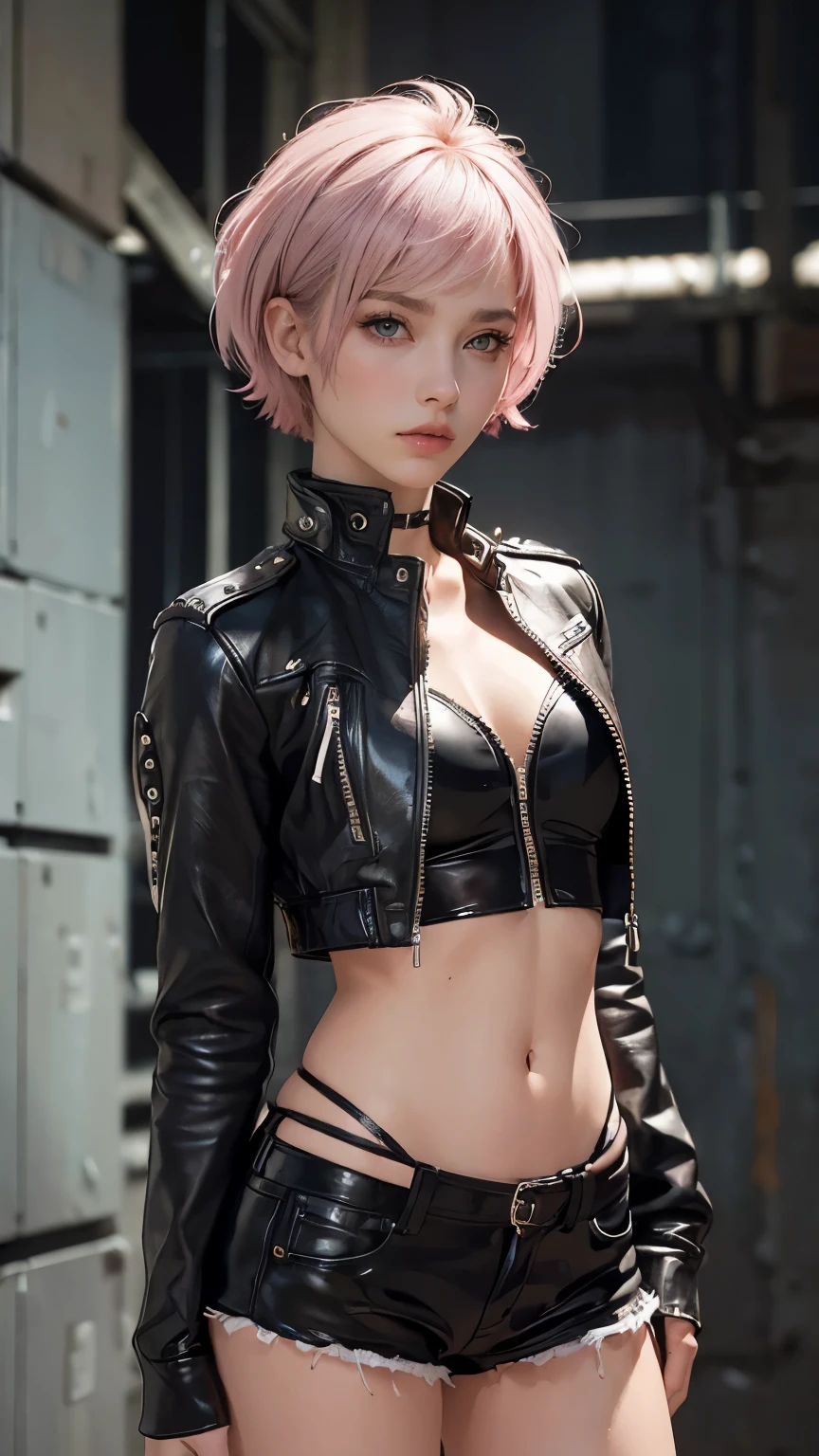 (((of the highest quality: 1.4))),(incomparable masterpiece ever), (ultra high definition),(Ultra-realistic 8k CG), official art、 (((adult body))), (((1 girl in))), ((( short hair bob ))), Punk girl with a perfect body, Jacket with metal spikes.,Beautiful and well-groomed face.,,Detailed punk fashion,leather jackets, (Image from head to thigh.),((Pink short hair bob )), Small leather panties, Simon Bisley's wild urban style, Detailed background of Tokyo street at night, clean abs, Complex graphics, dark pink with white stars and gray and white stripes,,,, (( Many poisonous tattoos )), piercings,