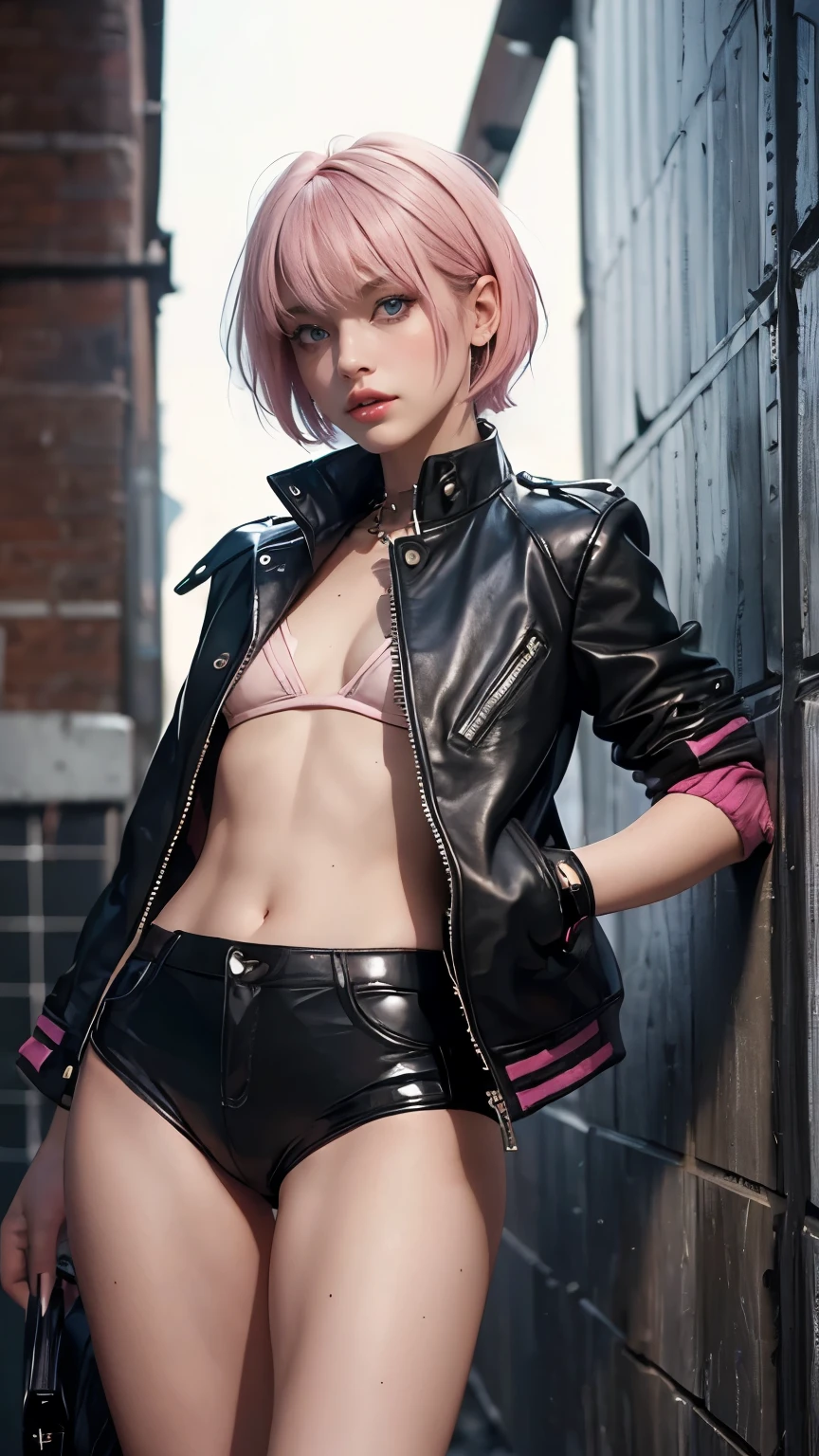 (((of the highest quality: 1.4))),(incomparable masterpiece ever), (ultra high definition),(Ultra-realistic 8k CG), official art、 (((adult body))), (((1 girl in))), ((( short hair bob ))), Punk girl with a perfect body, Jacket with metal spikes.,Beautiful and well-groomed face.,,Detailed punk fashion,leather jackets, (Image from head to thigh.),((Pink short hair bob )), Small leather panties, Simon Bisley&#39;s wild urban style, Detailed background of Tokyo street at night, clean abs, Complex graphics, dark pink with white stars and gray and white stripes,,,, (( Many poisonous tattoos )), piercings,