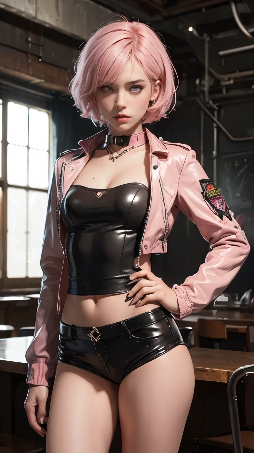 (((of the highest quality: 1.4))),(incomparable masterpiece ever), (ultra high definition),(Ultra-realistic 8k CG), official art、 (((adult body))), (((1 girl in))), ((( short hair bob ))), Punk girl with a perfect body, Jacket with metal spikes.,Beautiful and well-groomed face.,,Detailed punk fashion,leather jackets, (Image from head to thigh.),((Pink short hair bob )), Small leather panties, Simon Bisley&#39;s wild urban style, Detailed background of Tokyo street at night, clean abs, Complex graphics, dark pink with white stars and gray and white stripes,,,, (( Many poisonous tattoos )), piercings,