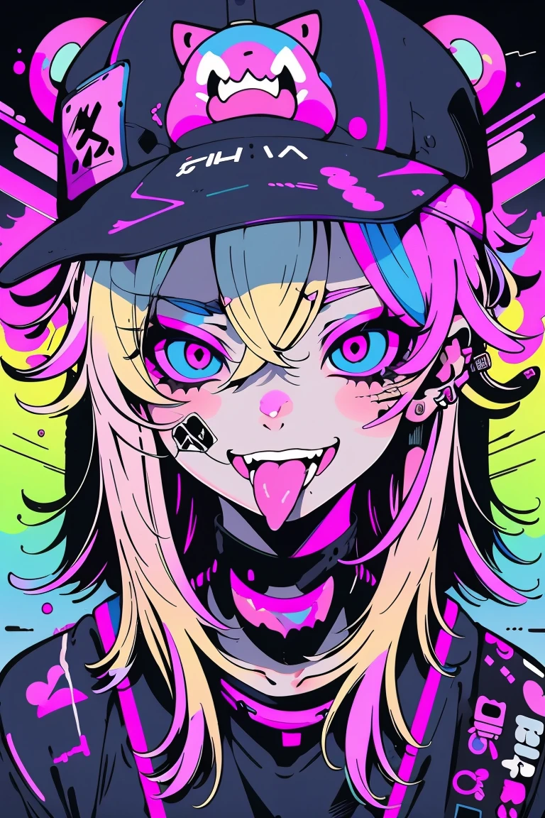 anime girl with a cap and a nask, blond hair, street background in neon pink and blue colors, scars, stickers, smirk face, open mouth, tongue out