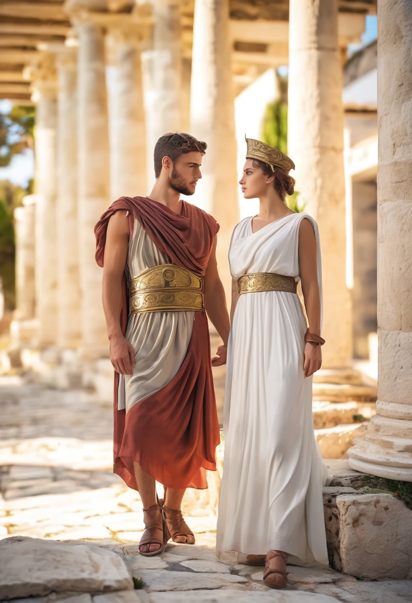 I want to show a 8K image of a 79 AD period Flavian period young beautiful very exotic Latin Mediterranean Italian Roman woman in feminine traditional Roman attire and aith a young Roman soldier in full Roman military attire and gearMasterpiece,quality,4k,Show a young 20 something couples in ancient Athens Greece males and females in detail,Bokeh/ with pastel shades tones colors ancient greek patterns designs Ionic IonianGreece