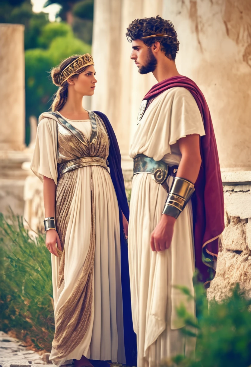 I want to show a 8K image of a 79 AD period Flavian period young beautiful very exotic Latin Mediterranean Italian Roman woman in feminine traditional Roman attire and aith a young Roman soldier in full Roman military attire and gearMasterpiece,quality,4k,Show a young 20 something couples in ancient Athens Greece males and females in detail,Bokeh/ with pastel shades tones colors ancient greek patterns designs Ionic IonianGreece