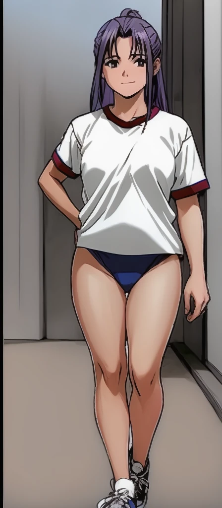 Momoko Koigakubo, a tall girl with beautiful legs, is wearing white gym clothes and light navy blue bloomers that look like panties, and is standing with her legs spread apart with a smile.。Momoko Koigakubo is holding a boy in a jersey。