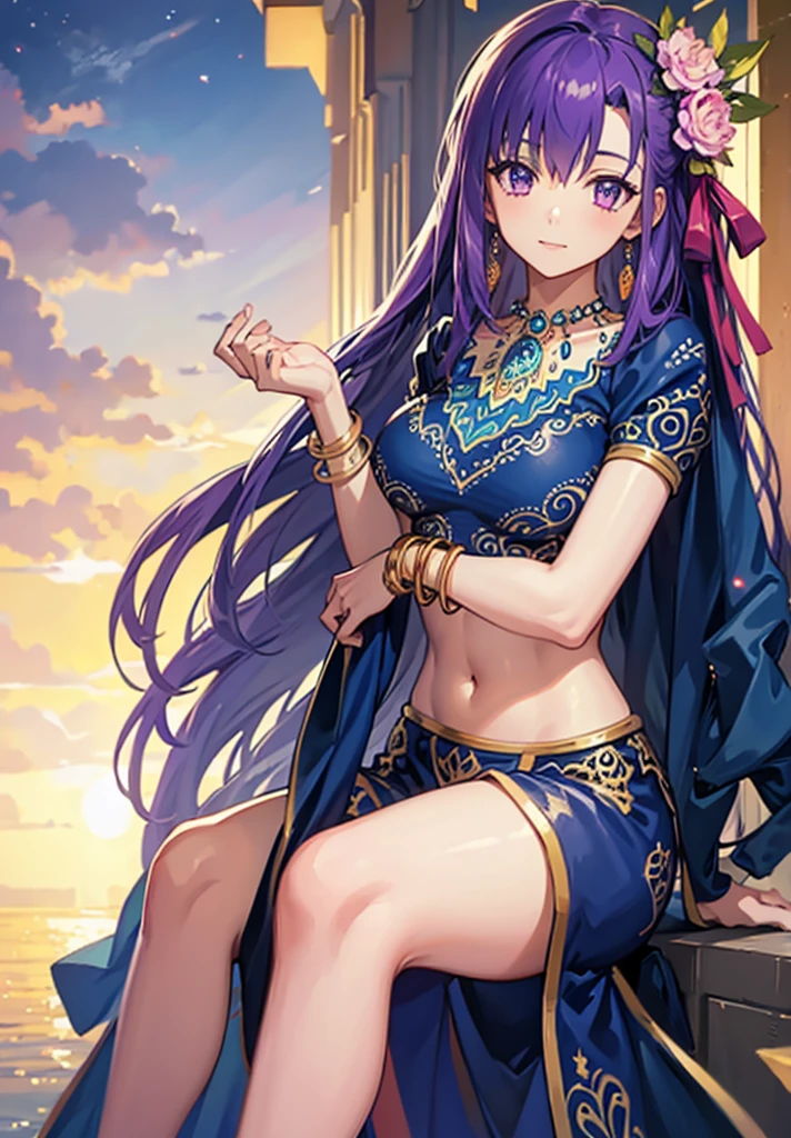 parvati, parvati, long hair, (purple eyes:1.1), purple hair,
BREAK bracelet, flower, hair flower, hair ornament, indian clothes, jewelry, necklace, side slit,
BREAK looking at viewer,
BREAK outdoors,
BREAK (masterpiece:1.2), best quality, high resolution, unity 8k wallpaper, (illustration:0.8), (beautiful detailed eyes:1.6), extremely detailed face, perfect lighting, extremely detailed CG, (perfect hands, perfect anatomy),