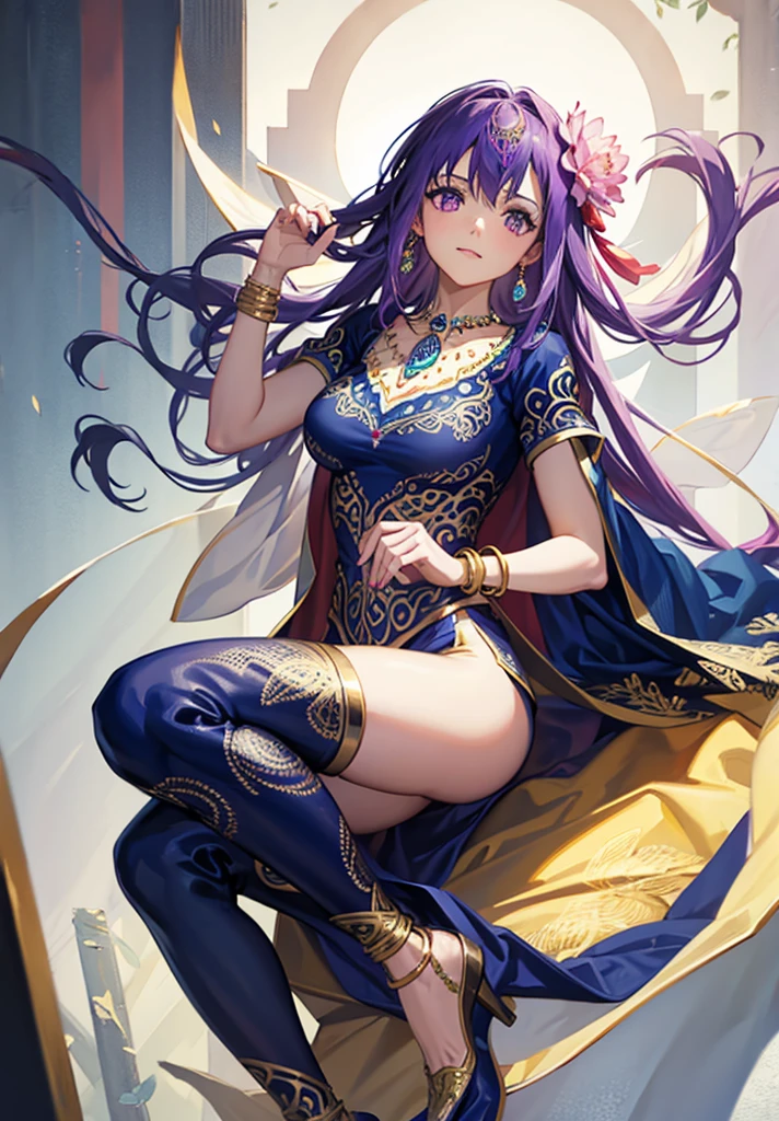 parvati, parvati, long hair, (purple eyes:1.1), purple hair,
BREAK bracelet, flower, hair flower, hair ornament, indian clothes, jewelry, necklace, side slit,
BREAK looking at viewer,
BREAK outdoors,
BREAK (masterpiece:1.2), best quality, high resolution, unity 8k wallpaper, (illustration:0.8), (beautiful detailed eyes:1.6), extremely detailed face, perfect lighting, extremely detailed CG, (perfect hands, perfect anatomy),