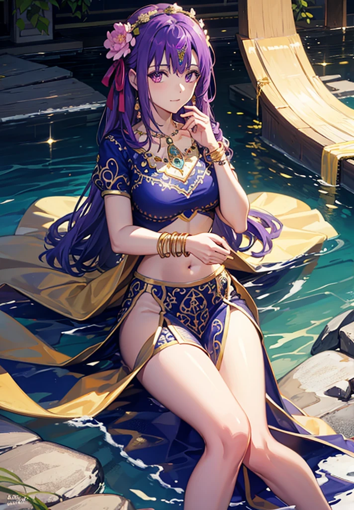 parvati, parvati, long hair, (purple eyes:1.1), purple hair,
BREAK bracelet, flower, hair flower, hair ornament, indian clothes, jewelry, necklace, side slit,
BREAK looking at viewer,
BREAK outdoors,
BREAK (masterpiece:1.2), best quality, high resolution, unity 8k wallpaper, (illustration:0.8), (beautiful detailed eyes:1.6), extremely detailed face, perfect lighting, extremely detailed CG, (perfect hands, perfect anatomy),