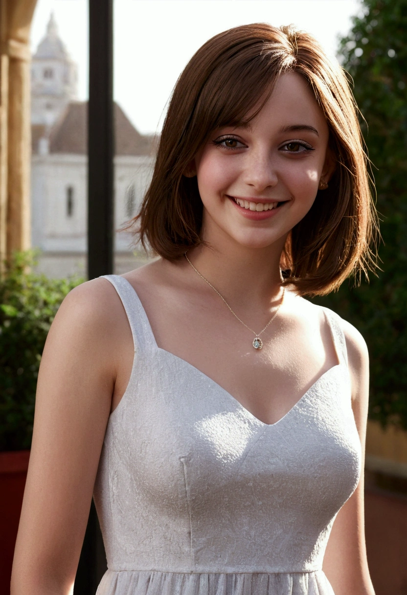 (masterpiece), {best quality},High detail,(ray tracing), (realistic:1.0), photorealistic,((1girl)), ,beautiful, daytime, short dress, (droopy eyes), Alessa savage, brunette, grin, small nose, upper body, 20 years old, sexy pose