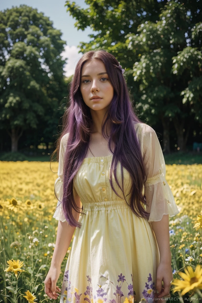 A beautiful woman with long purple hair and bright blue eyes, wearing a yellow dress, standing in a lush field of colorful flowers, sunlight filtering through the petals, Kodak Portra 400 film aesthetic, Leica Summicron 35mm f/2 lens, cinematic lighting, intricate details, highly realistic, photorealistic, masterpiece, 8k