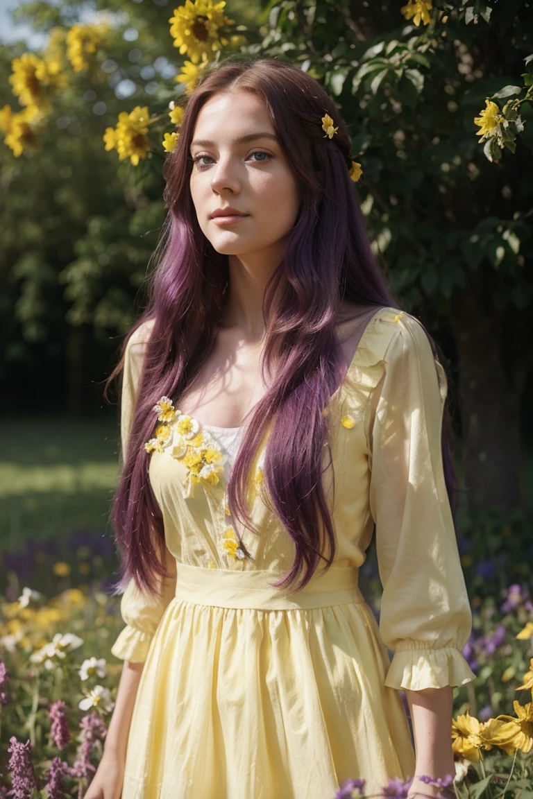 A beautiful woman with long purple hair and bright blue eyes, wearing a yellow dress, standing in a lush field of colorful flowers, sunlight filtering through the petals, Kodak Portra 400 film aesthetic, Leica Summicron 35mm f/2 lens, cinematic lighting, intricate details, highly realistic, photorealistic, masterpiece, 8k