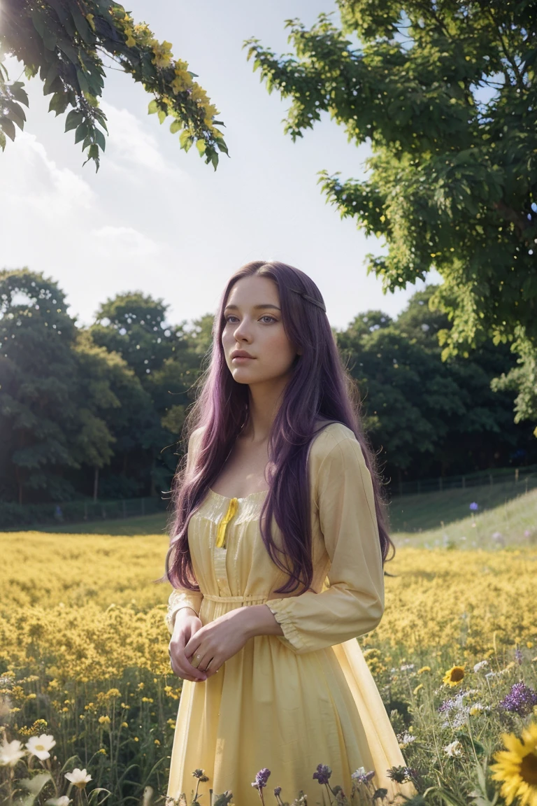 A beautiful woman with long purple hair and bright blue eyes, wearing a yellow dress, standing in a lush field of colorful flowers, sunlight filtering through the petals, Kodak Portra 400 film aesthetic, Leica Summicron 35mm f/2 lens, cinematic lighting, intricate details, highly realistic, photorealistic, masterpiece, 8k