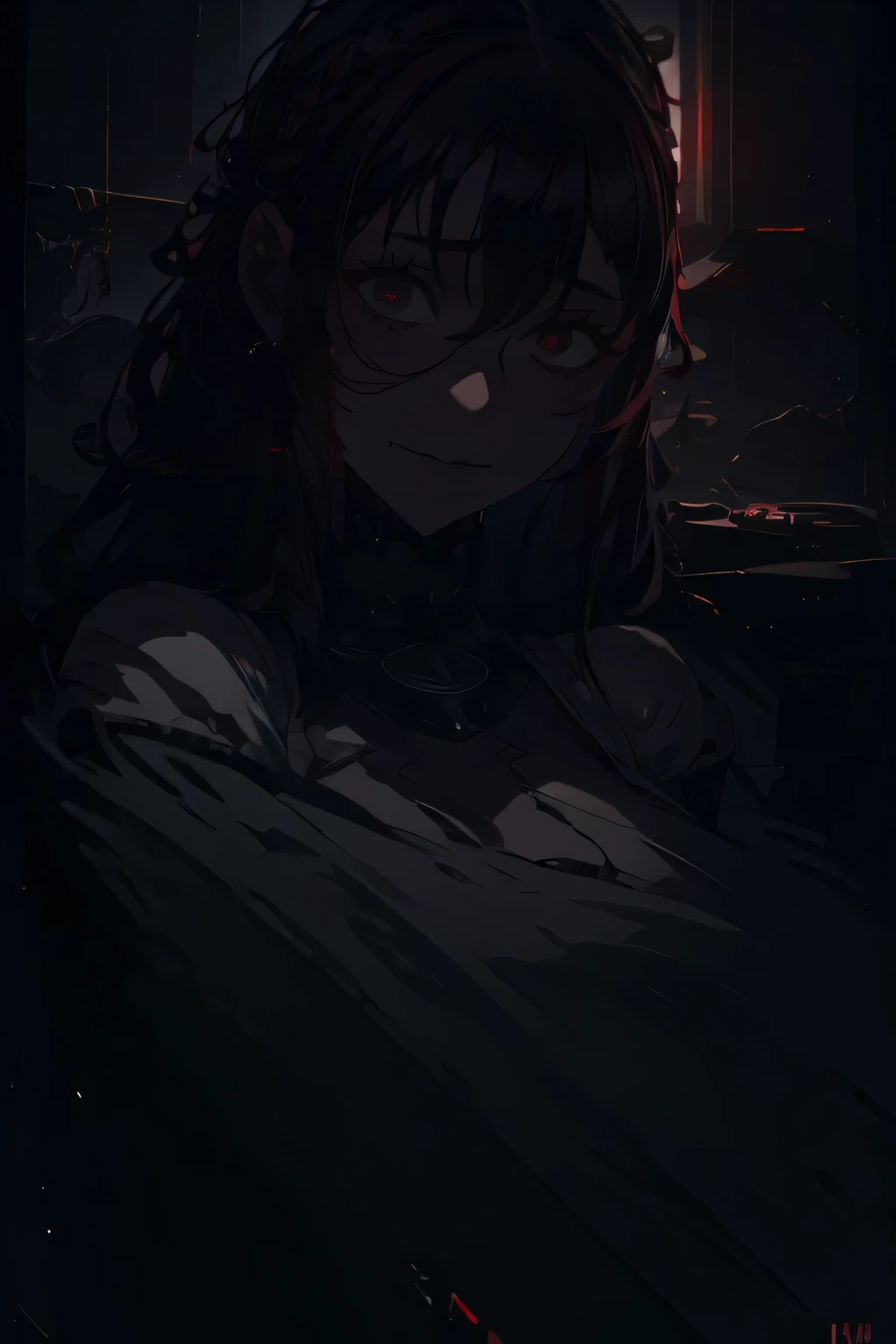 A dark-haired girl with crimson eyes, bandages on her wrists, vacant expression, a crazed smile, looking directly at the viewer, full body, detailed portrait, haunting, dark fantasy, dramatic lighting, cinematic, moody atmosphere, high contrast, muted colors, gritty, ominous, (best quality,4k,8k,highres,masterpiece:1.2),ultra-detailed,(realistic,photorealistic,photo-realistic:1.37)