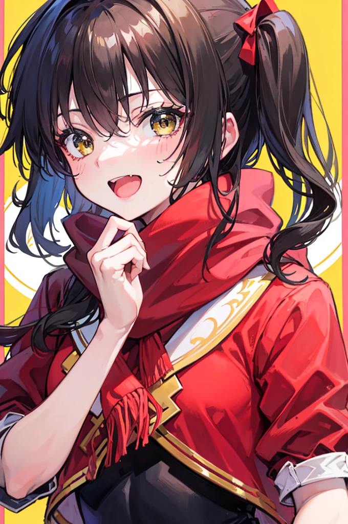 ((best quality)), portrait, one_Side_up, long hair, black hair, stupid hair, passionate fool, girl, medium breasts, Laugh loudly and energetically, golden eyes, red cloth scarf, Black Jacket, hero, Arms crossed