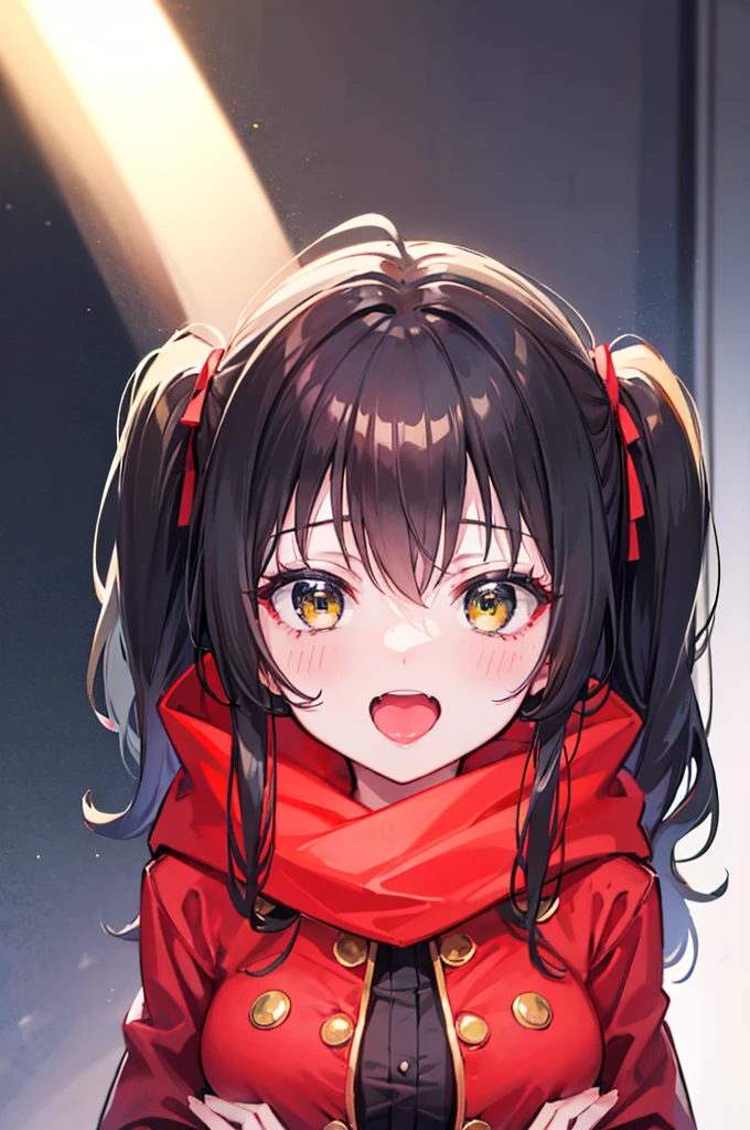 ((best quality)), portrait, one_Side_up, long hair, black hair, stupid hair, passionate fool, girl, medium breasts, Laugh loudly and energetically, golden eyes, red cloth scarf, Black Jacket, hero, Arms crossed