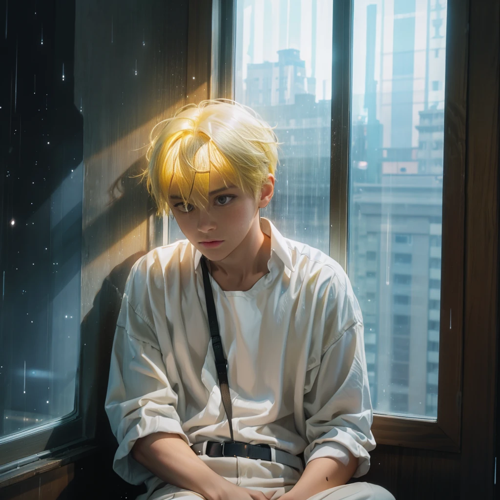 Man, 20 years old, sitting in front of the window, tears on the window, rain on the window, halo on his head, sad with yellow hair