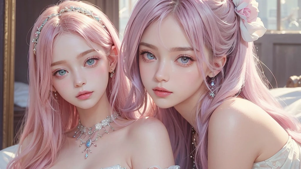 ((masterpiece)). This work is dreamy and fantastical., Soft pink watercolor shades. Generates delicate magical women exploring the bubble gum world in a variety of pastel colors. Her sweet face is extremely detailed and realistic with elegant, Mature features, Puffy, Big lips and stunning, Extremely realistic eyes. Her eyes are important、Be realistic, Very detailed, And it&#39;s beautiful. High resolution and detail, Include many details like stars, Milky Way, Colorful bubbles, Colorful petals, And a lot of energy and emotion! Stars and colorful bubblegum bubbles are important! Include fantasy details, Enhanced Details, iris, Colorful sparkling wind, And pollen. Pay special attention to her face、Make sure it&#39;s beautiful and realistic in detail。. The image is dreamy、It has to be fantastical..8k, Complex, elegant, Very detailed, Majestic, Digital photography, Noble Hair