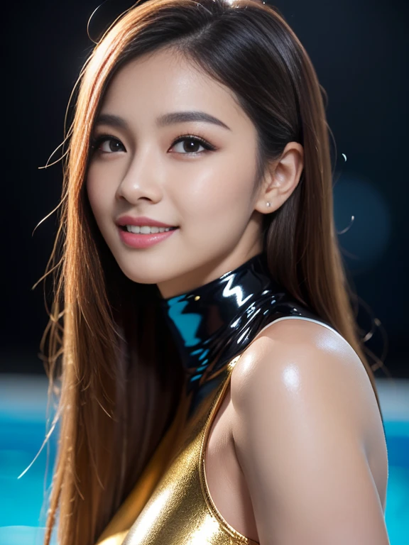 Latex bodysuit、Knee-high boots、Huge 、Long brown hair、Shiny, Oily skin、Glowing Skin、Indoor competition pool、White skin、 Body Portrait, 8k, Narrow and beautiful eyes, Dindal effect, masterpiece, 最high quality, high quality, High resolution, Very detailed photos, (Natural skin texture, Fine skin, Hyperrealism, Ultra Sharpness) , Skin with attention to detail, (Very fine, Fine skin texture, Intricate details, Beautiful Face, (A vivid face), Realistic eyes, Beautiful and detailed, Realistic Skin, Beautiful Skin, surreal, Very detailed, Golden Ratio, Smiling Eyes, ((Night moonlight background)), Body Portrait, glamorous, Shiny Bodysuit
