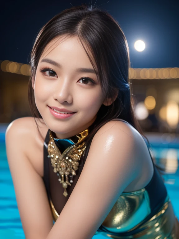 Latex bodysuit、Knee-high boots、Huge 、Long brown hair、Shiny, Oily skin、Glowing Skin、Indoor competition pool、White skin、 Body Portrait, 8k, Narrow and beautiful eyes, Dindal effect, masterpiece, 最high quality, high quality, High resolution, Very detailed photos, (Natural skin texture, Fine skin, Hyperrealism, Ultra Sharpness) , Skin with attention to detail, (Very fine, Fine skin texture, Intricate details, Beautiful Face, (A vivid face), Realistic eyes, Beautiful and detailed, Realistic Skin, Beautiful Skin, surreal, Very detailed, Golden Ratio, Smiling Eyes, ((Night moonlight background)), Body Portrait, glamorous, Shiny Bodysuit