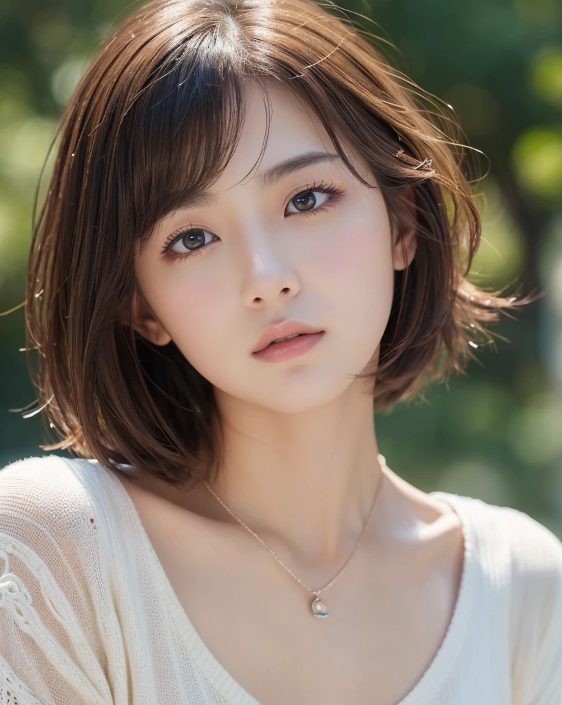 (Highest quality、8k、32K、masterpiece、Hmph:1.2)、cute日本人女性の写真、Young Girl,Big ample breasts、Very short bob hair、Upper body、Face Focus、Extra Large_sweater、necklace、Simple Background、From above、View Viewerix4、(8k、RAW Photos、Highest quality、masterpiece:1.2)、(Realistic、Photorealistic:1.37)、One Girl、cute、Professional Lighting、Photon Mapping、Physically Based Rendering、Gradient brunette hair、Short Curly Hair、Handsome、Girlish、Excellent image quality、High resolution、1080P、(Clear Face)、(Detailed face description)、(Detailed hand description)、(Masseter muscle area)、(Exquisite CGI)、 Extreme light and shadow、My hair is messy、masterpiece、Rich details、(Exquisite facial features)、(Best image quality)、(masterpiece)、(Detailed eyes)、I look forward to seeing you、Delicate clavicle、Various poses、Don&#39;don&#39;t watch mela、