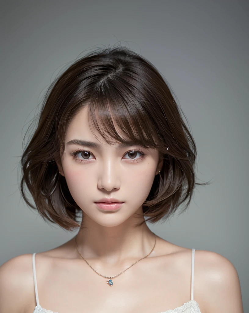 (Highest quality、8k、32K、masterpiece、Hmph:1.2)、cute日本人女性の写真、Young Girl,Big ample breasts、Very short bob hair、Upper body、Face Focus、Extra Large_sweater、necklace、Simple Background、From above、View Viewerix4、(8k、RAW Photos、Highest quality、masterpiece:1.2)、(Realistic、Photorealistic:1.37)、One Girl、cute、Professional Lighting、Photon Mapping、Physically Based Rendering、Gradient brunette hair、Short Curly Hair、Handsome、Girlish、Excellent image quality、High resolution、1080P、(Clear Face)、(Detailed face description)、(Detailed hand description)、(Masseter muscle area)、(Exquisite CGI)、 Extreme light and shadow、My hair is messy、masterpiece、Rich details、(Exquisite facial features)、(Best image quality)、(masterpiece)、(Detailed eyes)、I look forward to seeing you、Delicate clavicle、Various poses、Don'don't watch mela、