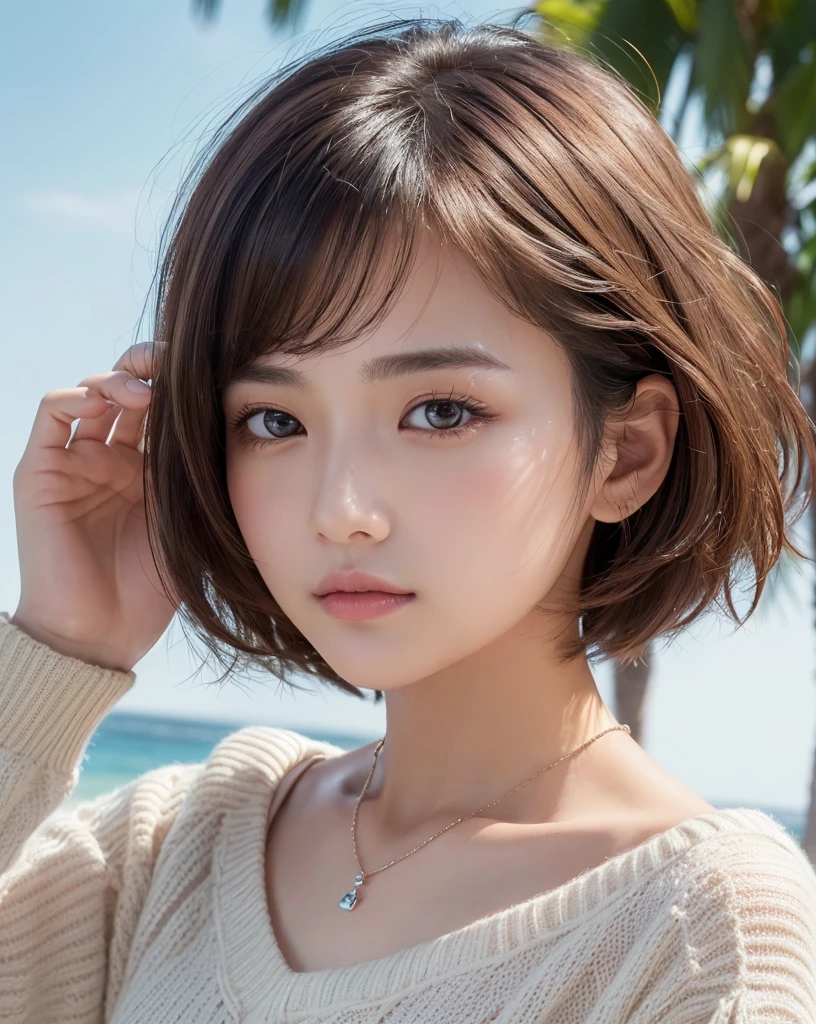 (Highest quality、8k、32K、masterpiece、Hmph:1.2)、cute日本人女性の写真、Young Girl,Big ample breasts、Very short bob hair、Upper body、Face Focus、Extra Large_sweater、necklace、Simple Background、From above、View Viewerix4、(8k、RAW Photos、Highest quality、masterpiece:1.2)、(Realistic、Photorealistic:1.37)、One Girl、cute、Professional Lighting、Photon Mapping、Physically Based Rendering、Gradient brunette hair、Short Curly Hair、Handsome、Girlish、Excellent image quality、High resolution、1080P、(Clear Face)、(Detailed face description)、(Detailed hand description)、(Masseter muscle area)、(Exquisite CGI)、 Extreme light and shadow、My hair is messy、masterpiece、Rich details、(Exquisite facial features)、(Best image quality)、(masterpiece)、(Detailed eyes)、I look forward to seeing you、Delicate clavicle、Various poses、Don&#39;don&#39;t watch mela、