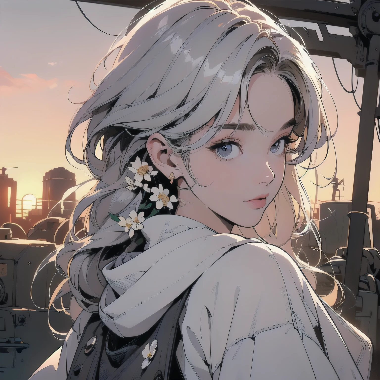 (((Only One Woman))), (((Perfect Face))), 14k, (((Highly detailed background))), (((Highest quality))),Upper Body, head shot, Ultra detailed hair, mysterious, (((Faint lighting))),(((Sunset))),Ultra detailed white hoodie, (((A variety of unique hairstyles))), Super beauty, goddess,(((Detailed face))), Various poses, (((Different angles))), The wind is blowing, (((Inside an aging factory))), Grass grows, (((Different hair colors))),(((Broken heavy machinery))),(((Light on the face.))),Rusty crane, Rusty Truck,View your viewerachine on fire)))、(((Lots of white flowers)))