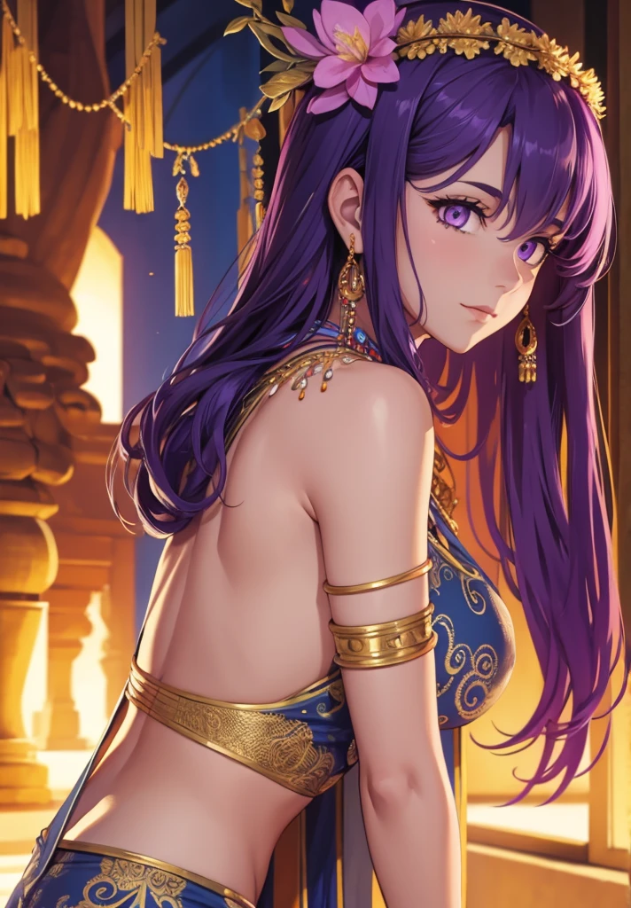 parvati, parvati, long hair, (purple eyes:1.1), purple hair,
BREAK bracelet, flower, hair flower, hair ornament, indian clothes, jewelry, necklace, side slit,
BREAK looking at viewer,
BREAK outdoors,
BREAK (masterpiece:1.2), best quality, high resolution, unity 8k wallpaper, (illustration:0.8), (beautiful detailed eyes:1.6), extremely detailed face, perfect lighting, extremely detailed CG, (perfect hands, perfect anatomy),