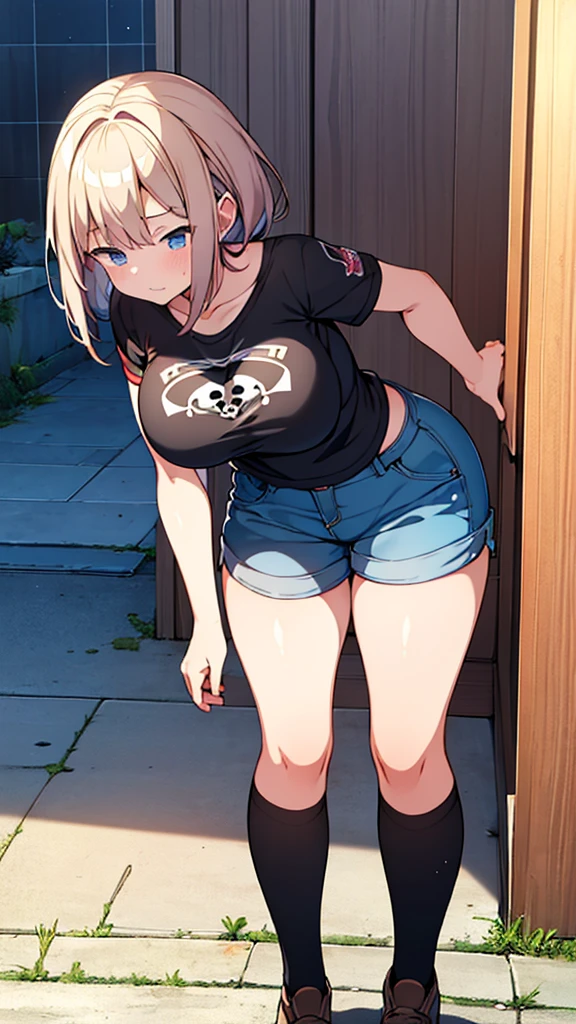Full body image, front, One girl, 18-year-old, Mix 4, (32K, RAW Photos, Highest quality, masterpiece:1.2), (Anime-like, photoAnime-like:1.37), cute, Short sleeve T-shirt,Shorts,Black knee socks, night, rain, Humidity, Professional Lighting, Photon Mapping, Radio City, Physically Based Rendering, Super Resolution, (Big Breasts:1.2), {{The biological weapon that had preyed on the younger sister took her place and reunited with the older brother, The rebellious little sister has become the obedient little sister}}, Girl Skull, whole body, NSFW